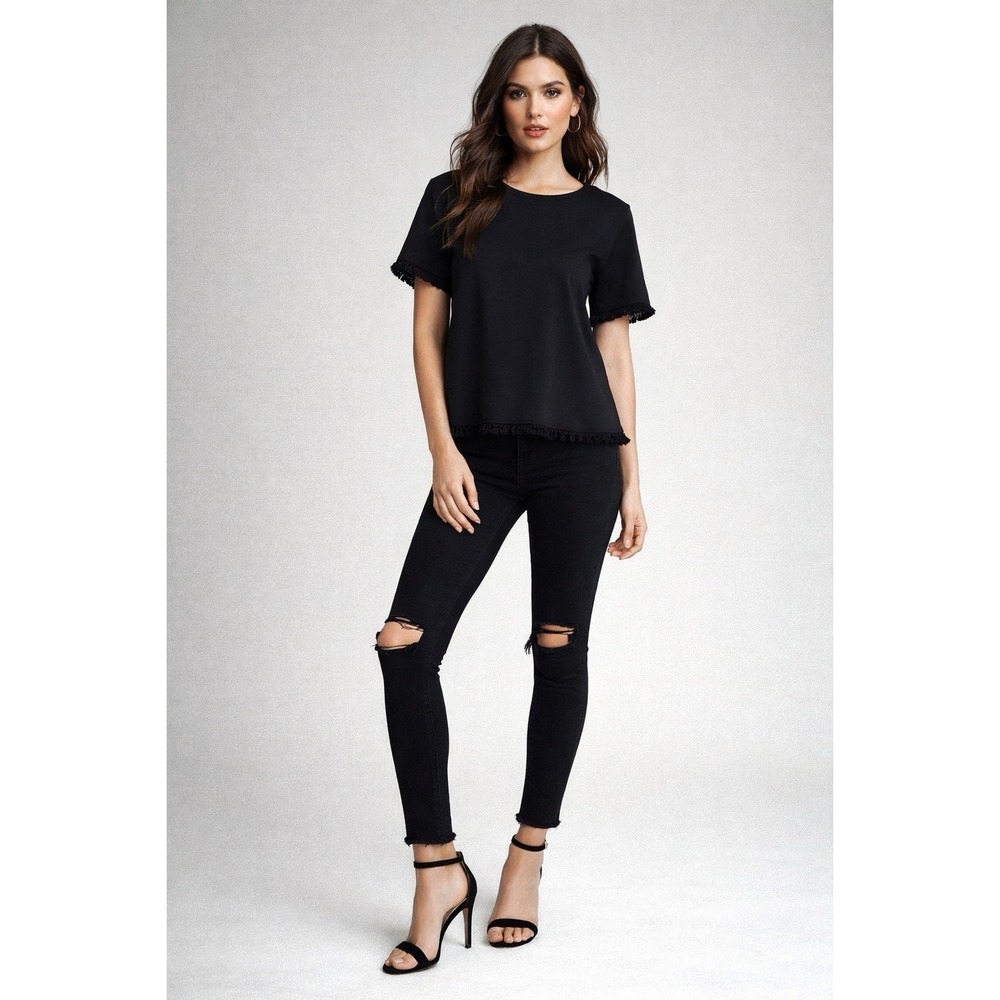 Madewell Black Fringe Trim Short Sleeve Top | Size Small | 100% Cotton